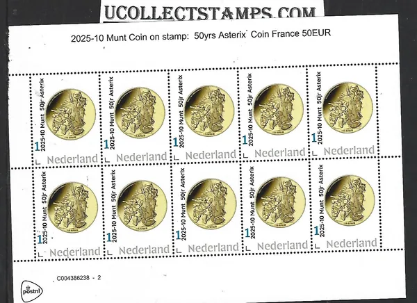 Nederland 2025-10 Coin on stamp Asterix 50yrs France 50€ sheet postfris/mnh