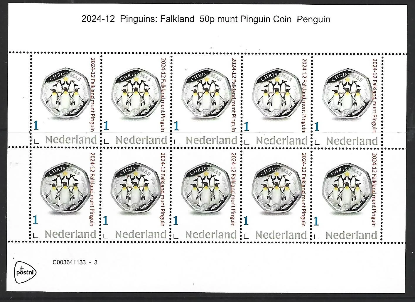 Niederlande 2024-12 Pinguine: Falkland-Münze auf Briefmarkenblock postfrisch/ungebraucht