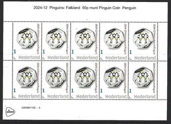 Netherlands 2024-12 Penguins: Falkland coin on stamp sheetlet MNH