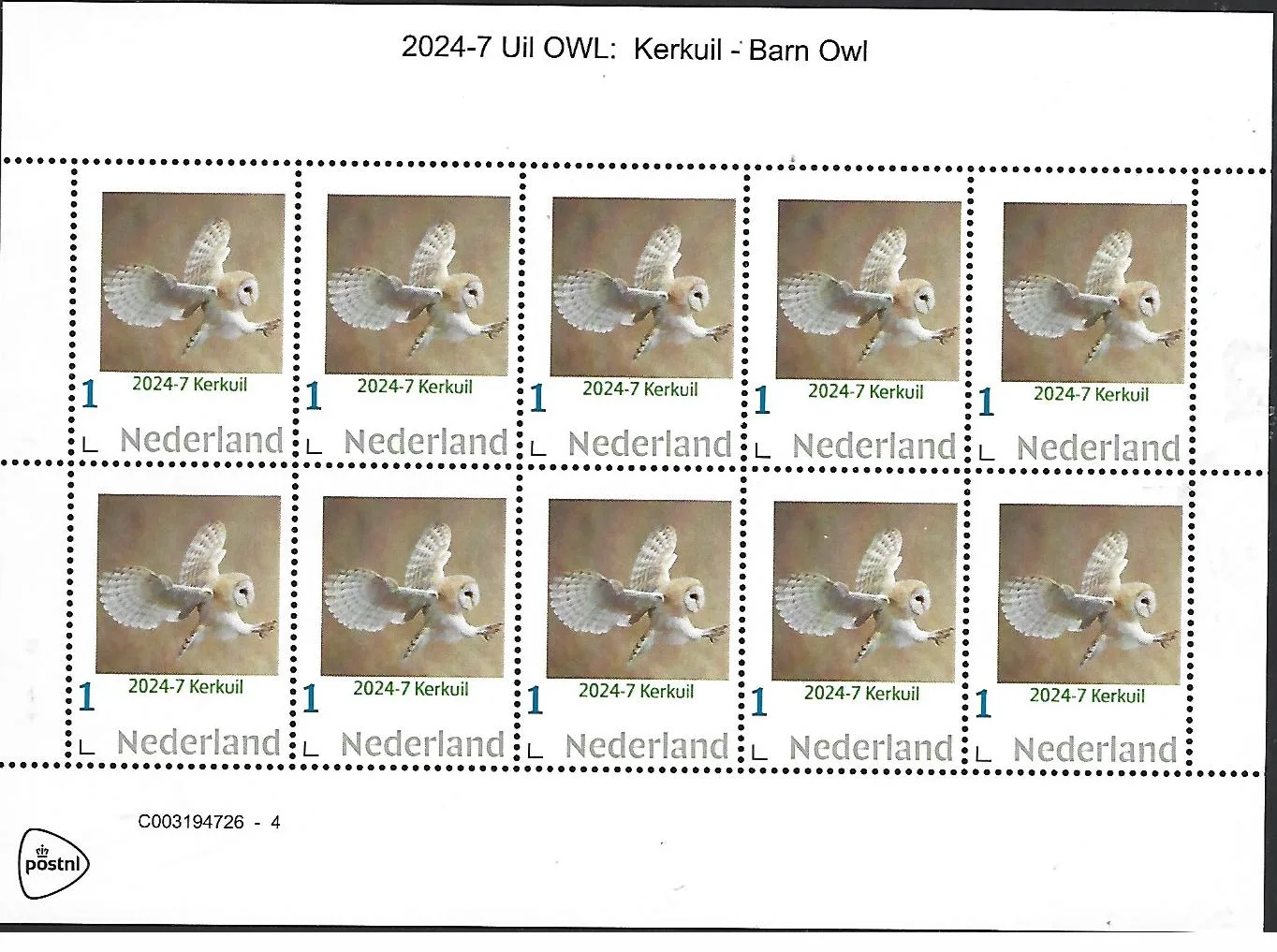 Nederland 2024-7 Uil owl: Kerkuil Barn owl sheetlet postfris/mnh