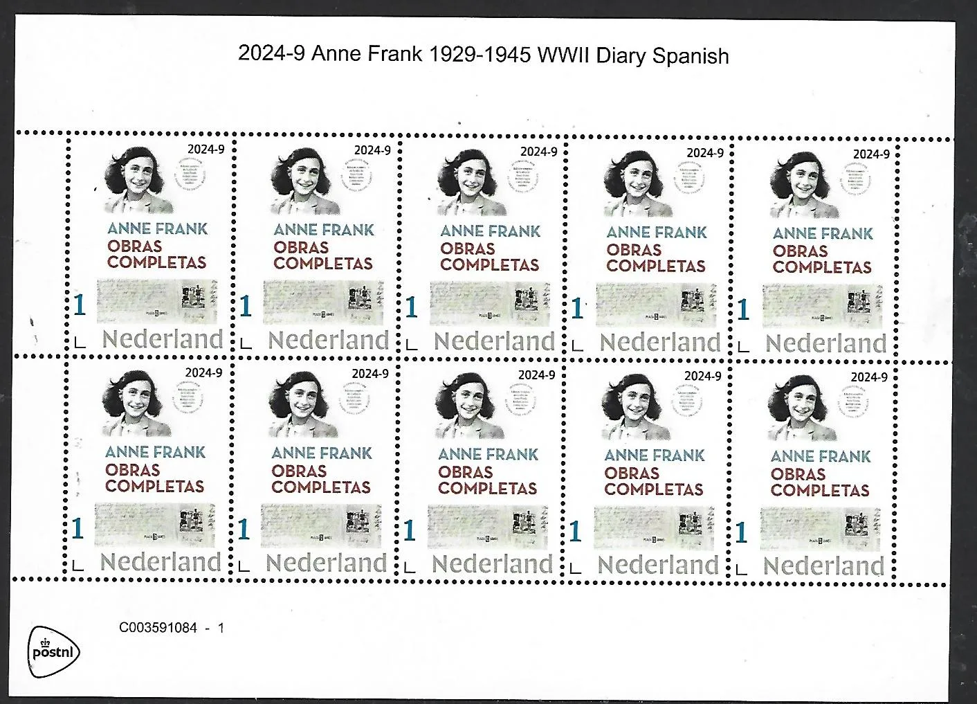 Netherlands 2024-9 Anne Frank WWII 1929-1945 Diary Spanish sheetlet MNH