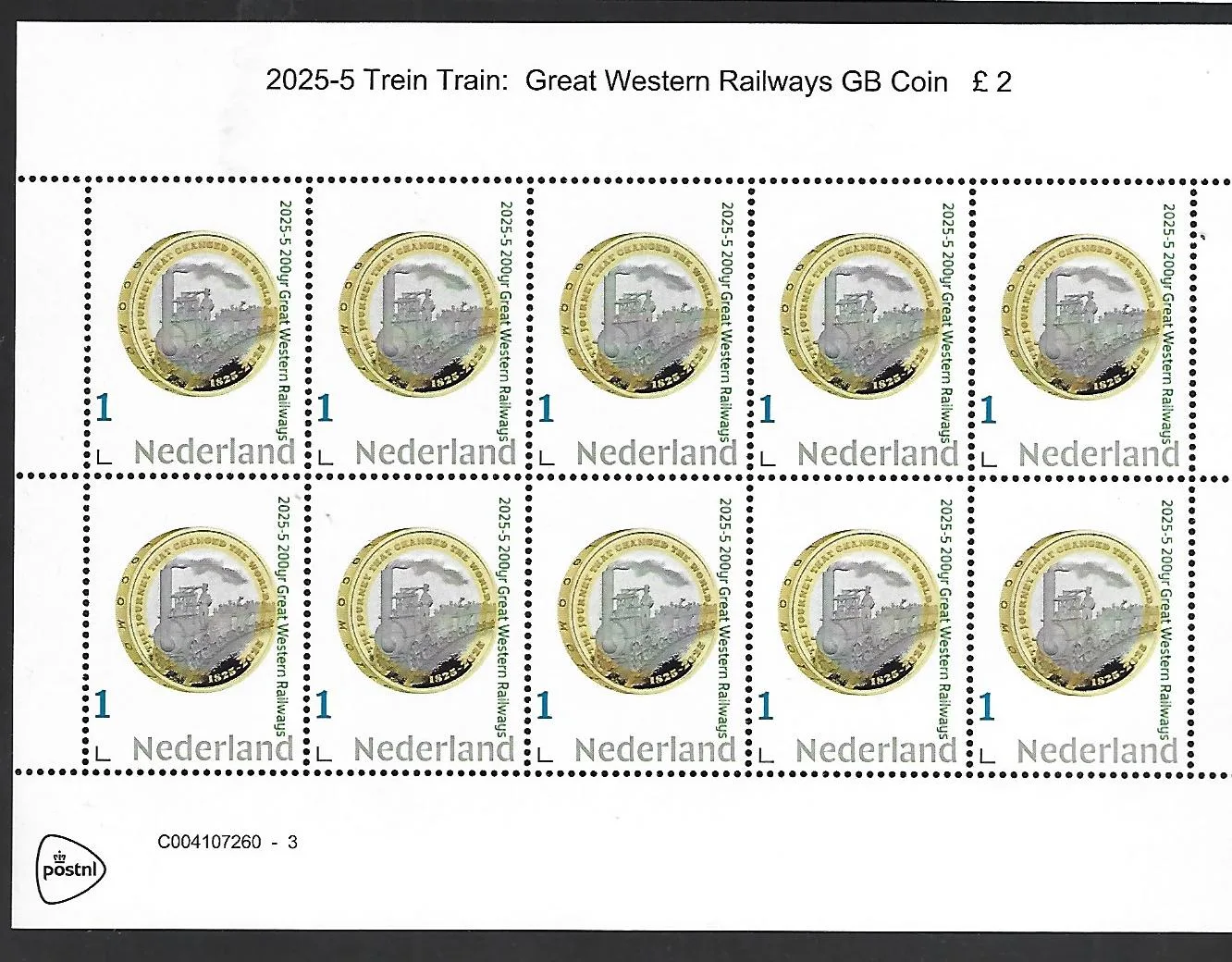 Nederland 2025-5 Trein: 200yrs Great Western Railways gbr coin sheet postfris/mnh