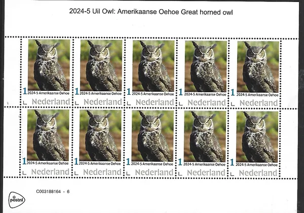 Nederland 2024-5 Uil Owl: Amerikaanse Oehoe Great Horned owl sheetlet postfris/mnh
