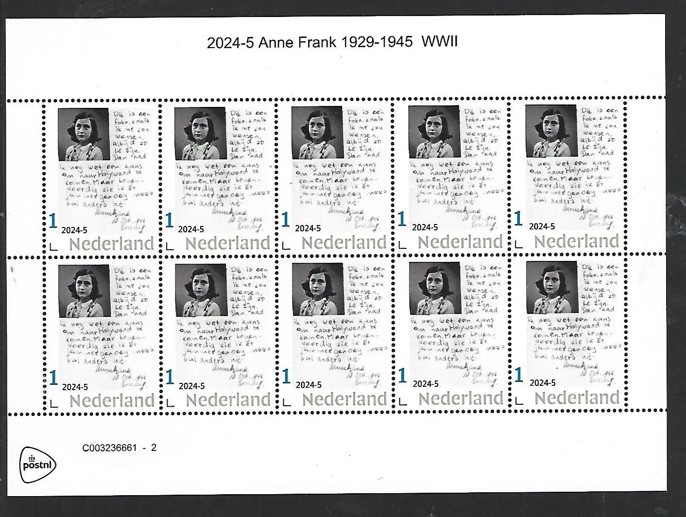 Niederlande 2024-5 Anne-Frank-Tagebuch-Fragment Kleinbogen postfrisch/mnh5