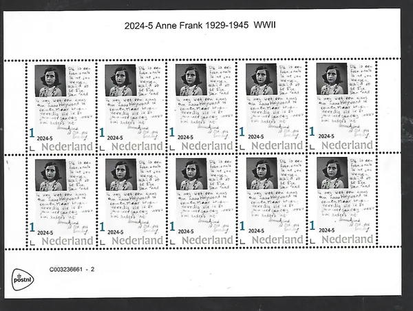 Netherlands 2024-5 Anne Frank Diary fragment sheetlet MNH