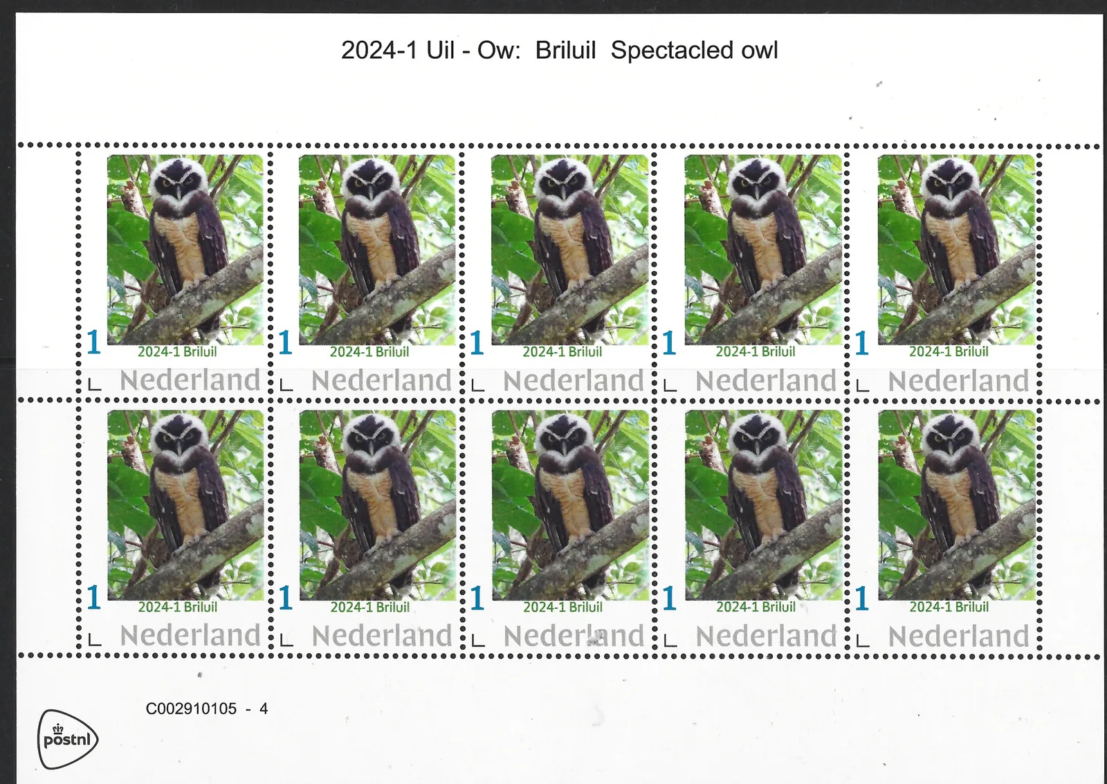 Pays-Bas 2024-1 Hibou - Owl : feuillet Hibou à lunettes neuf/mnh
