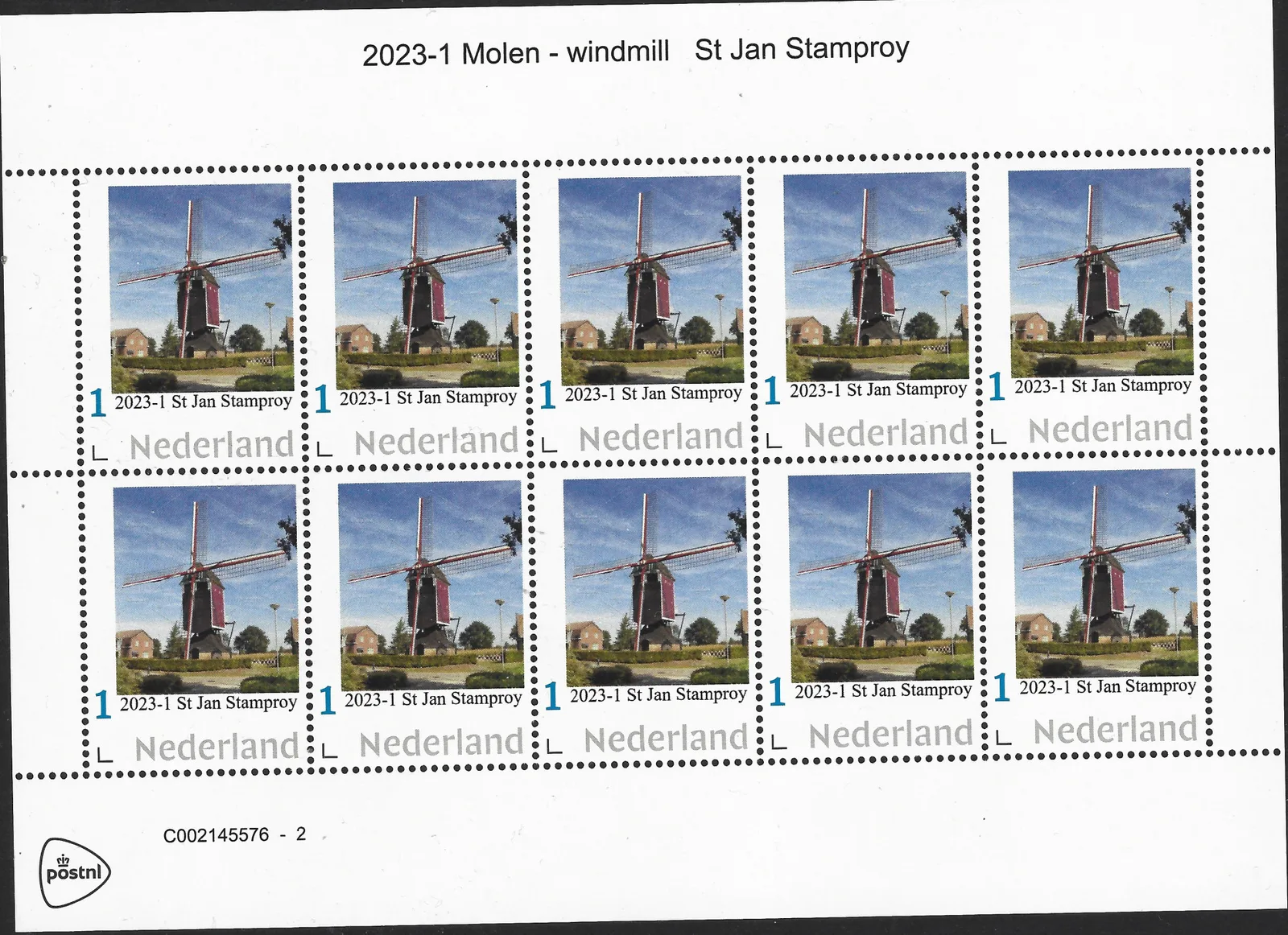 Pays-Bas 2023-1 Moulin - windmill St Jan Stamproy feuille neuf/mnh