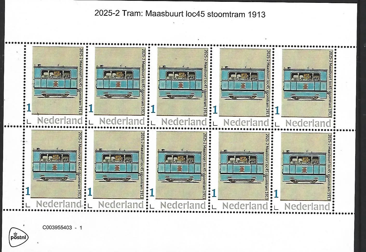 Nederland 2025-2 Tram: Maasbuurt loc 45 stoomtram 1913 sheetlet postfris/mnh