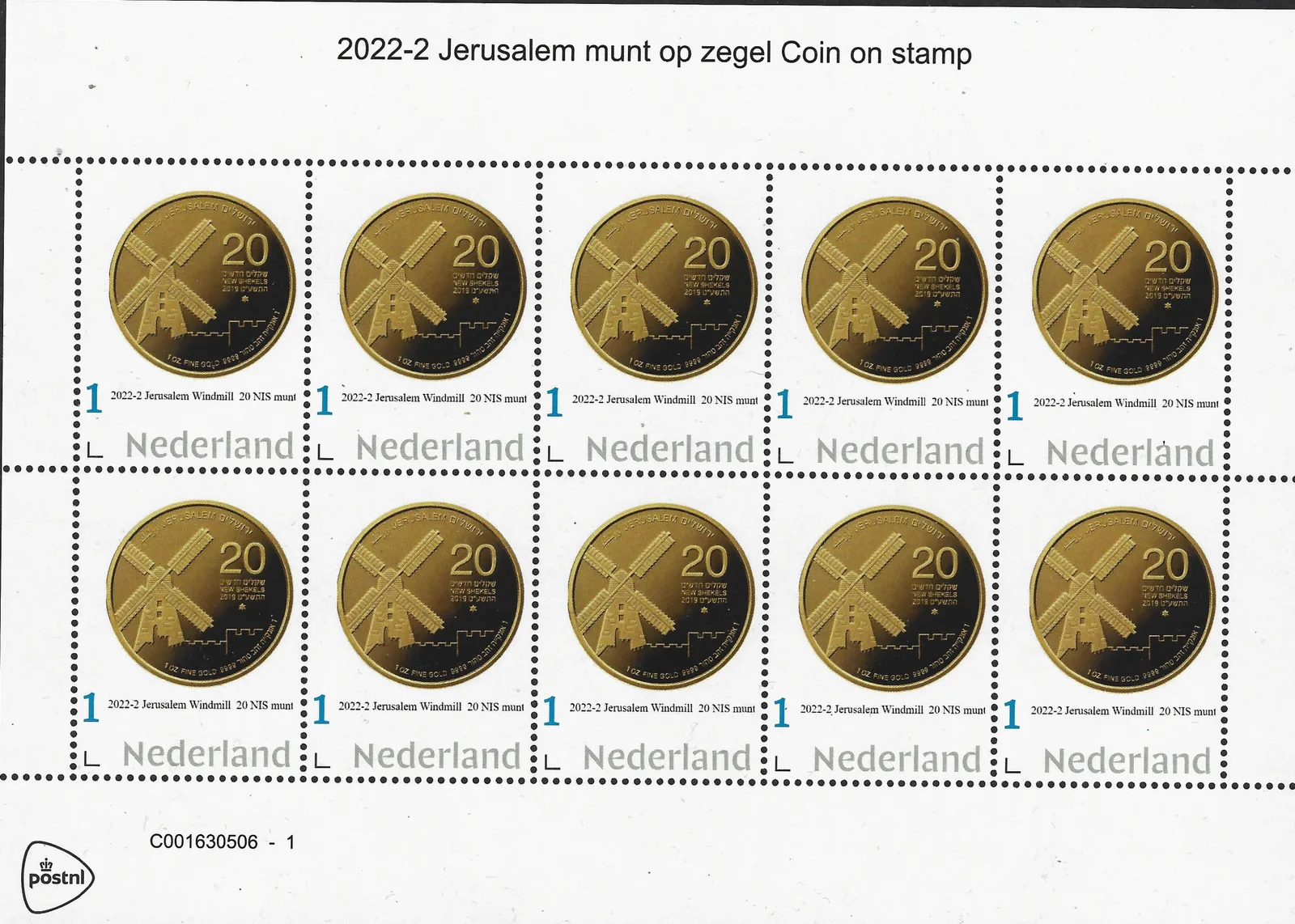 Niederlande 2022-2 Mühle - Windmühle Jerusalem Windmühle auf Münze Velum-Blättchen postfrisch/ungebraucht