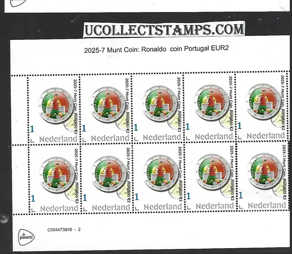 Netherlands 2025-7 Famous coin on stamp: Ronaldo Soccer €2 sheet MNH