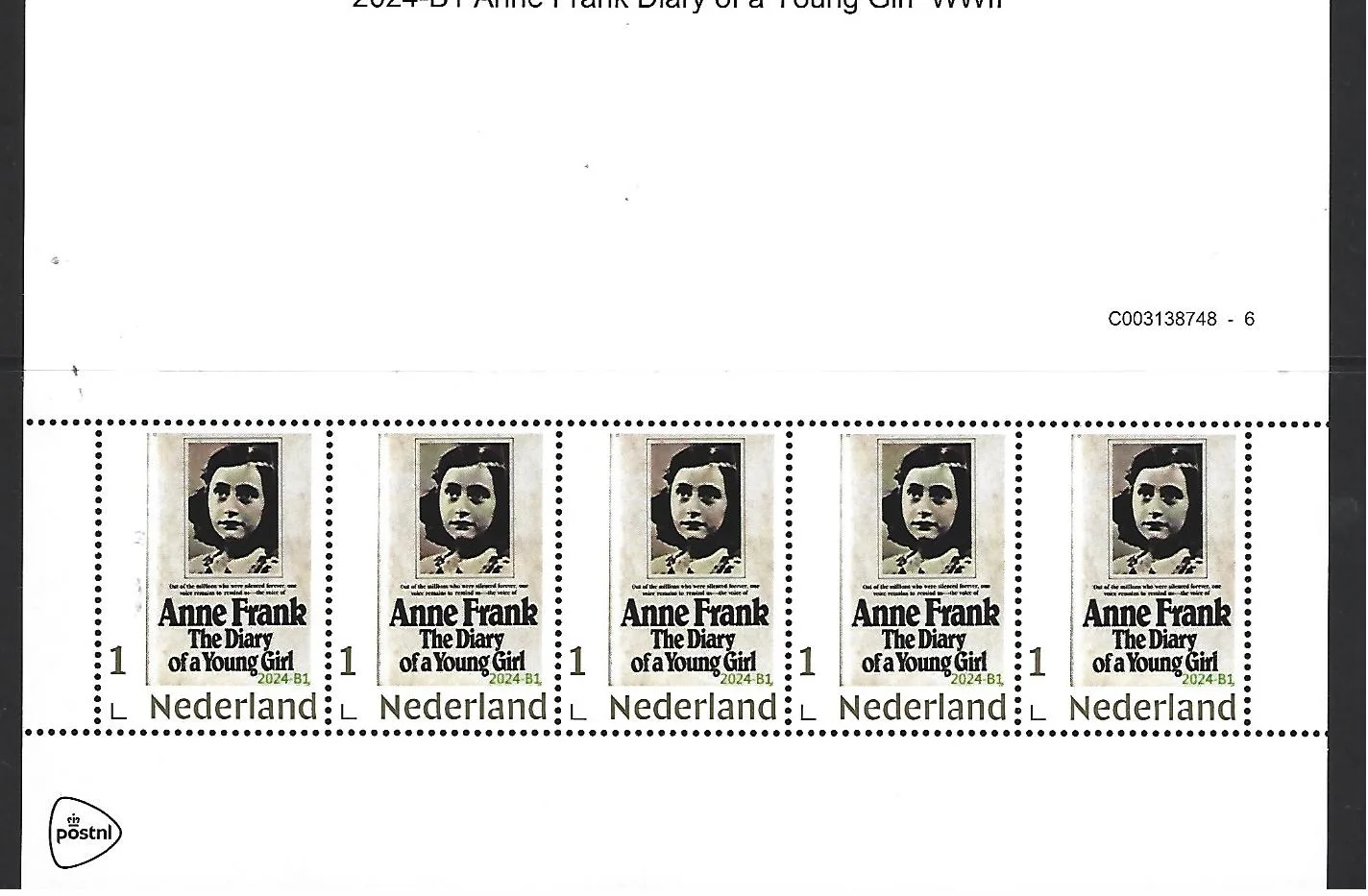 Netherlands 2024-B1 Anne Frank Diary WWII sheetlet MNH