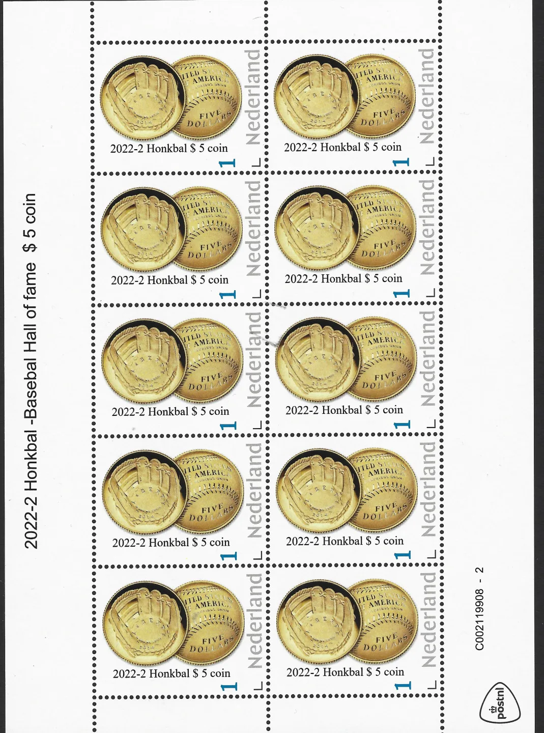 2022-2 Honkbal - Baseball Hall of Fame $ 5 coin vel-sheeetlet postfris-mnh