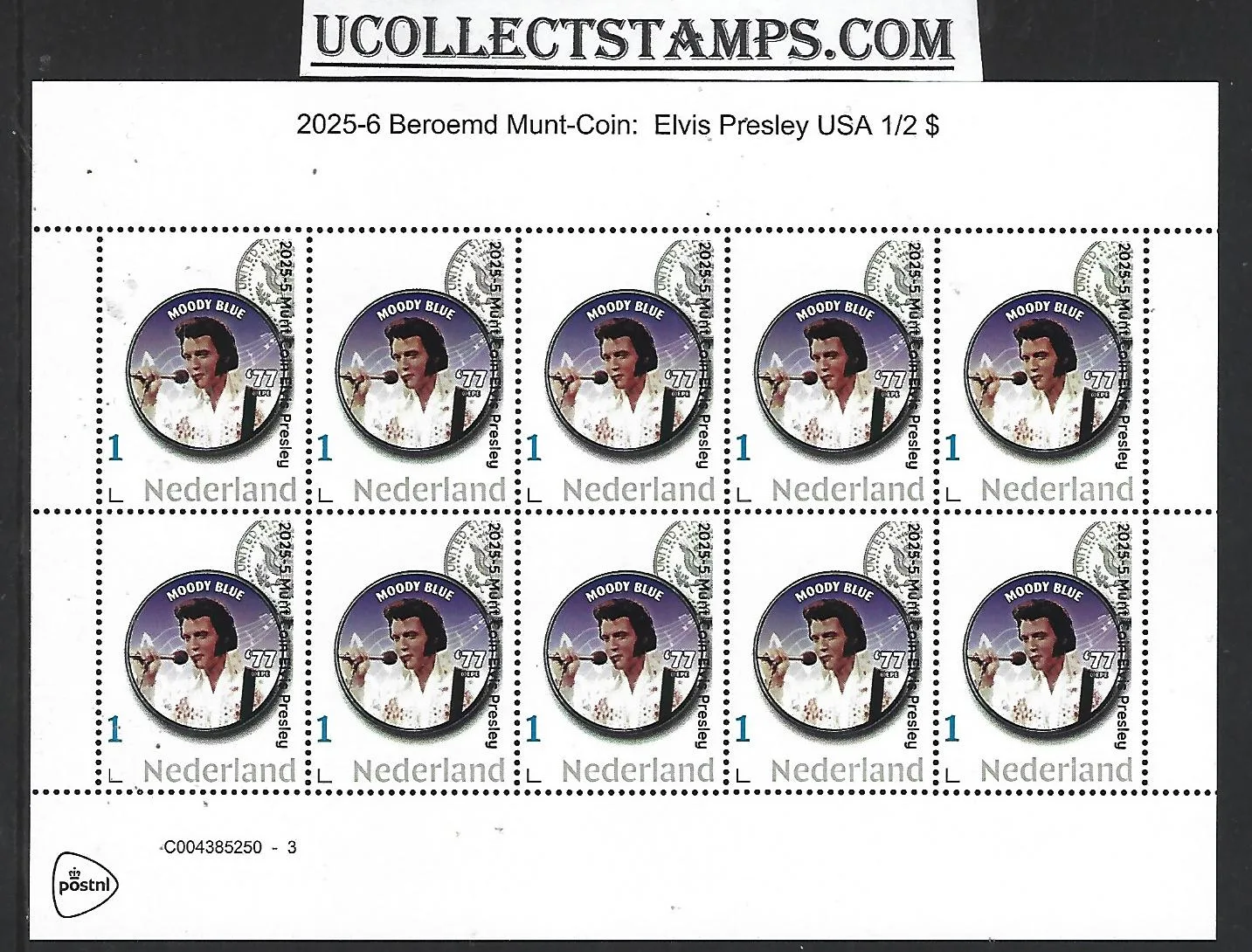 Netherlands 2025-5 Elvis Presley Coin on stamp 1/2 dollar sheet MNH