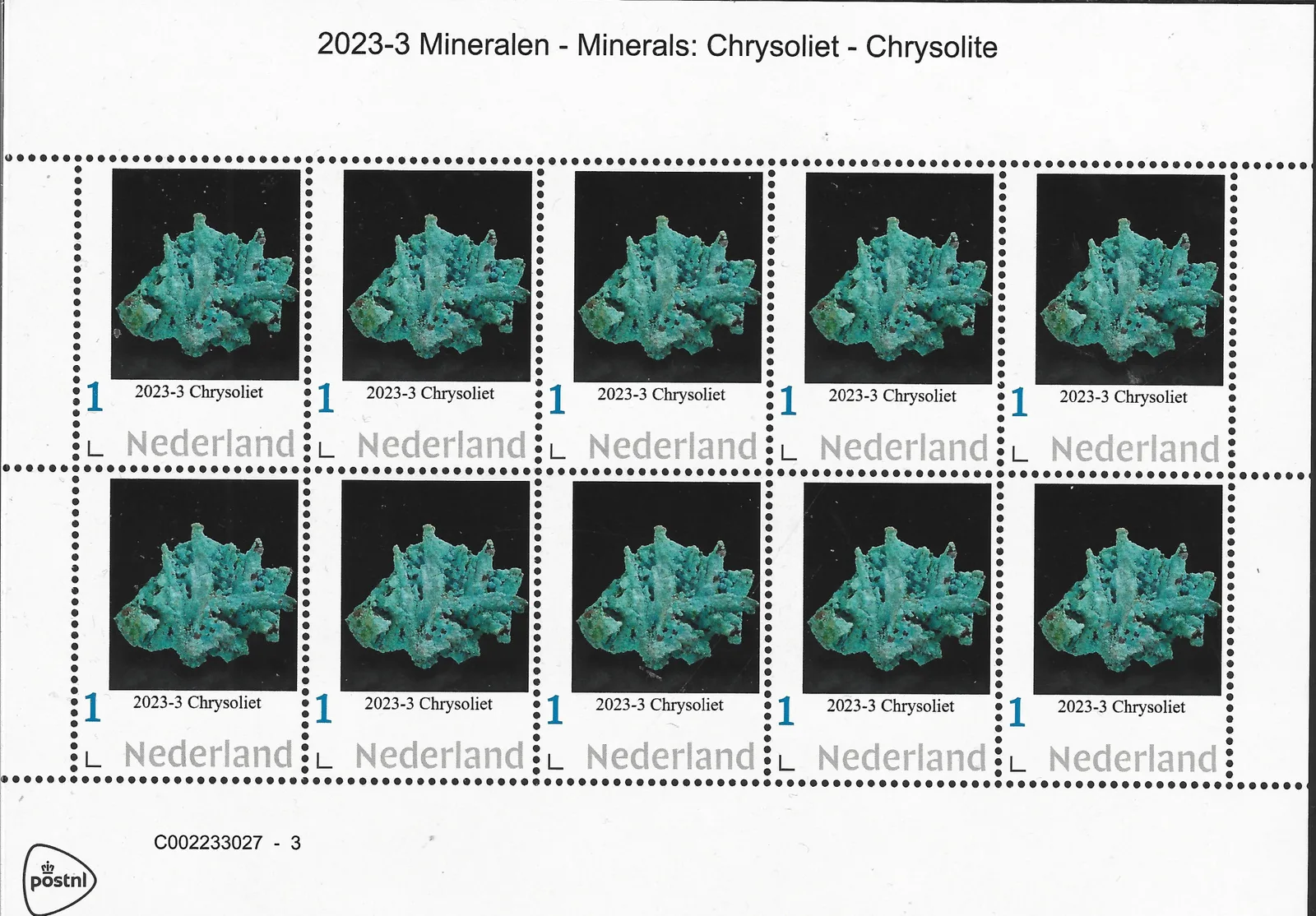Niederlande 2023-3 Mineralien - Chrysolith: Chrysolith Velerbogen postfrisch/mnh