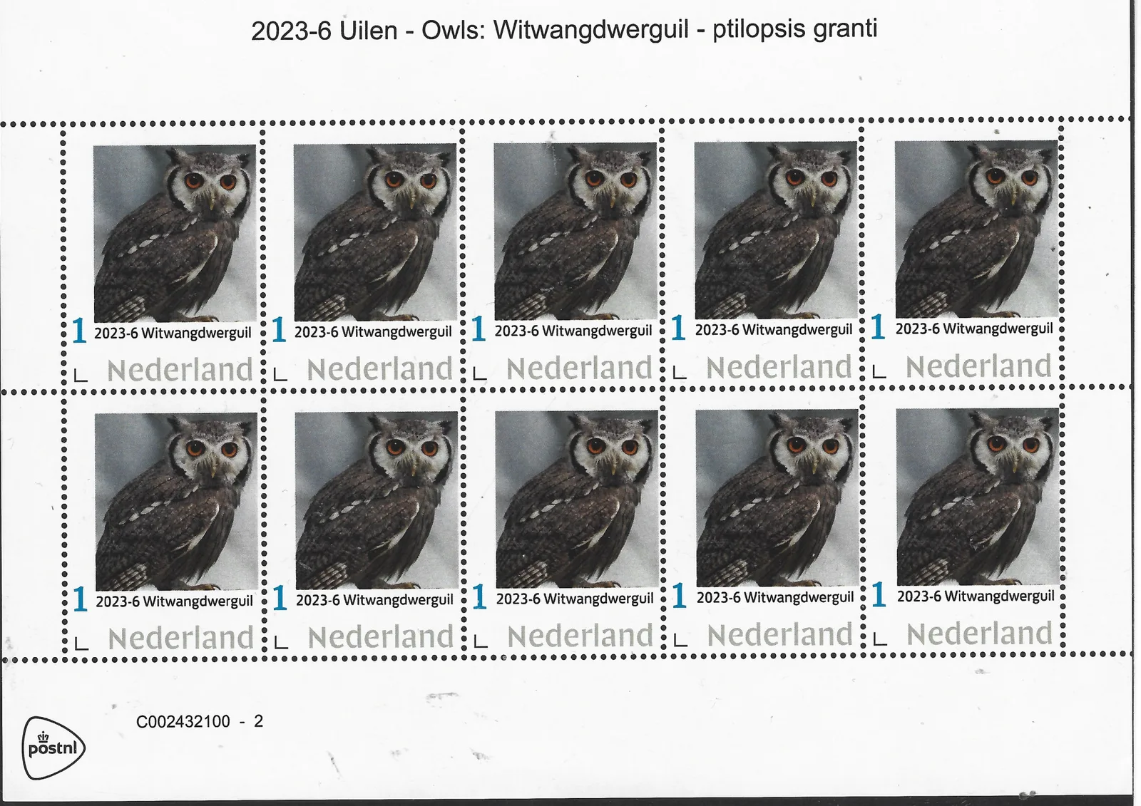 2023-6 Netherlands Southern White-faced Scops Owl ptilopsis granti souvenir sheet MNH