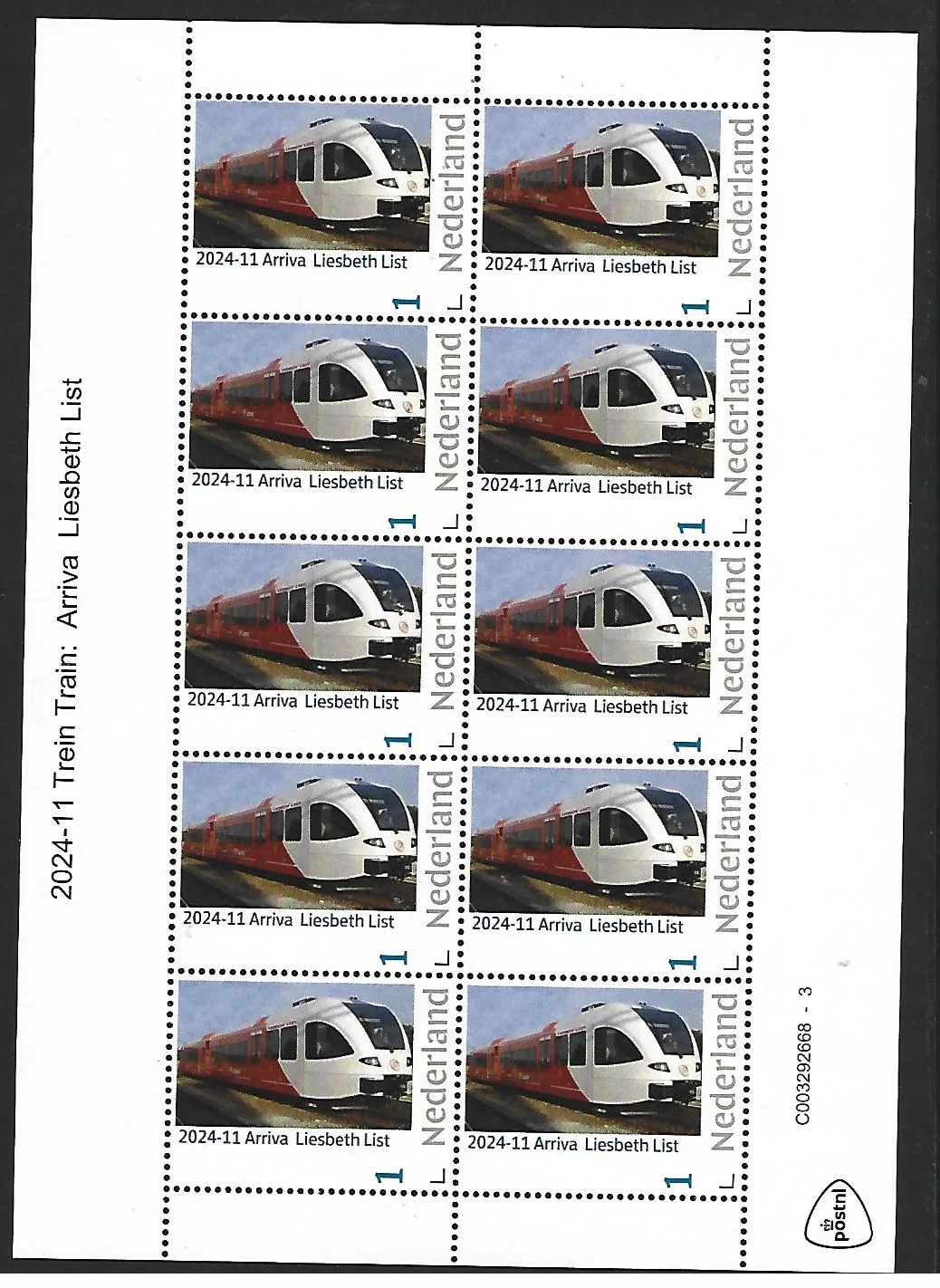 Pays-Bas 2024-11 Train : Arriva Liesbeth List feuille de timbres neuf/mnh