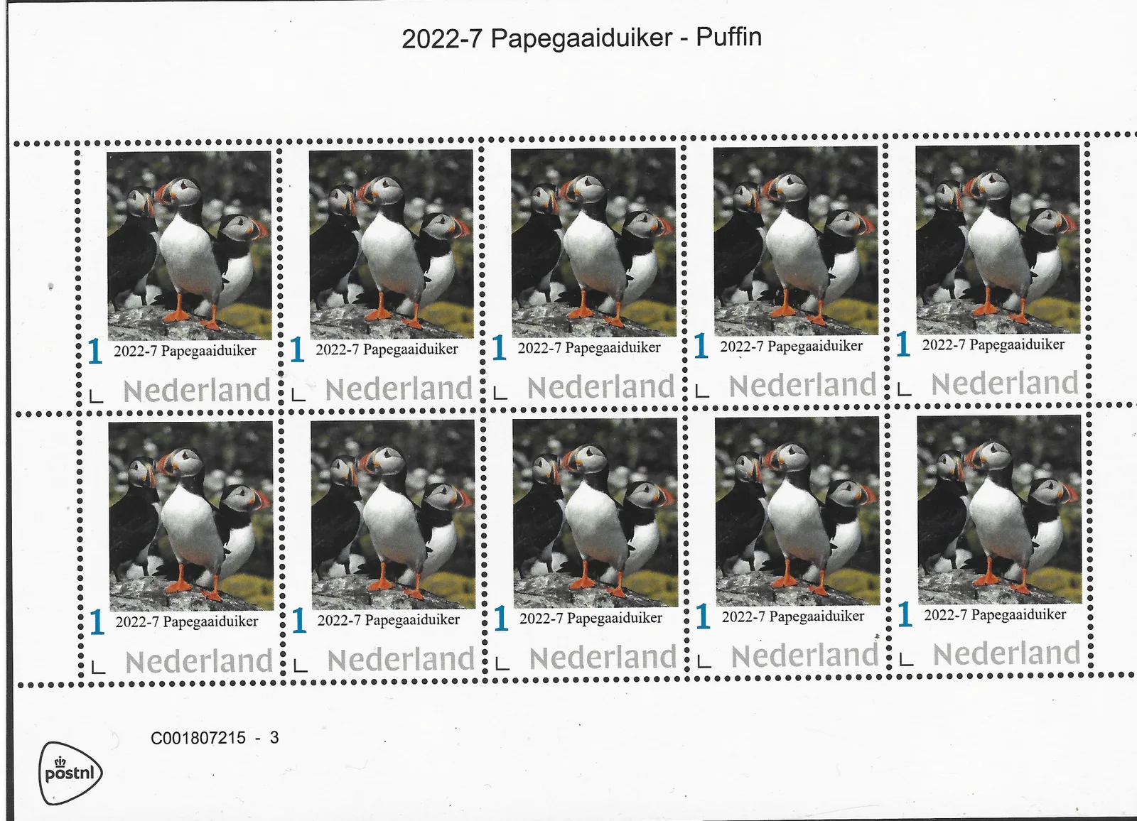 Pays-Bas 2022-7 Oiseaux - Macareux moine - feuille postfris-mnh