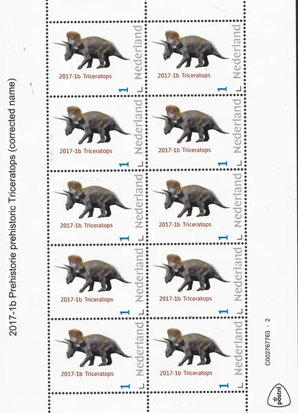 Netherlands 2017-1b reprint Prehistory: Triceratops CORRECTED NAME ! SHEET MNH