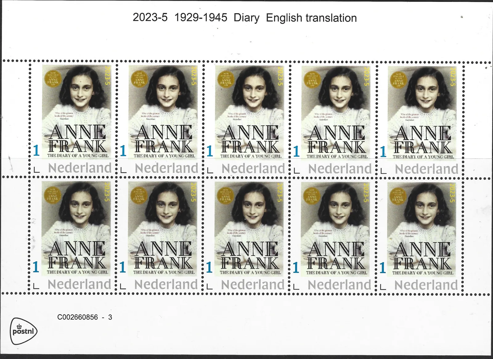 Pays-Bas 2023-5 Anne Frank 1929-1945 British Diary feuille neuf/mnh