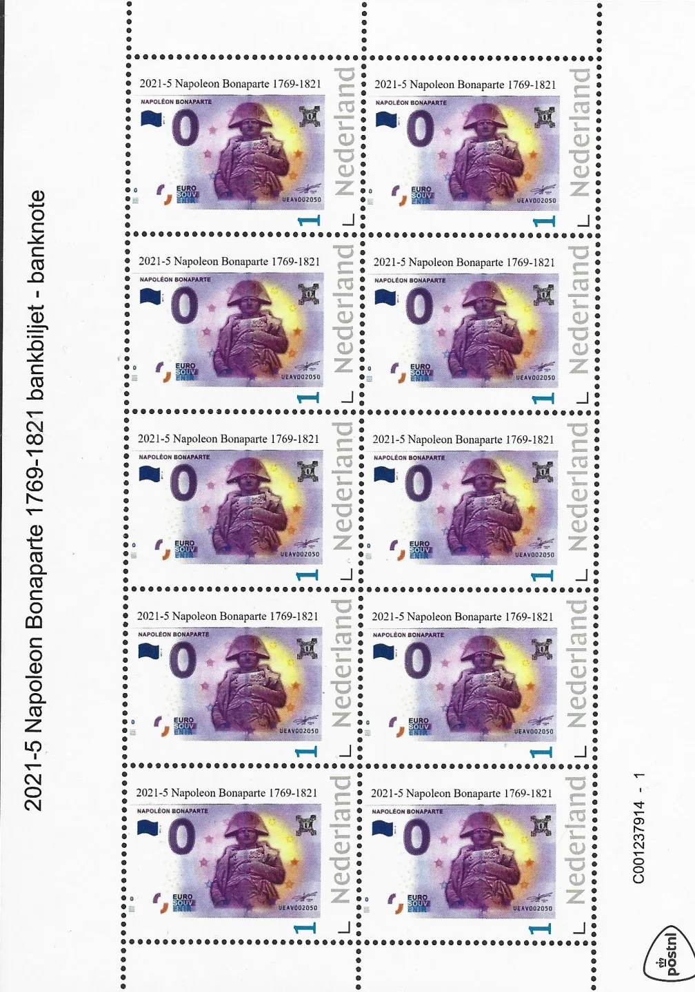Pays-Bas 2021-5 Napoléon Bonaparte billet de banque timbre sur feuillet neuf/mnh