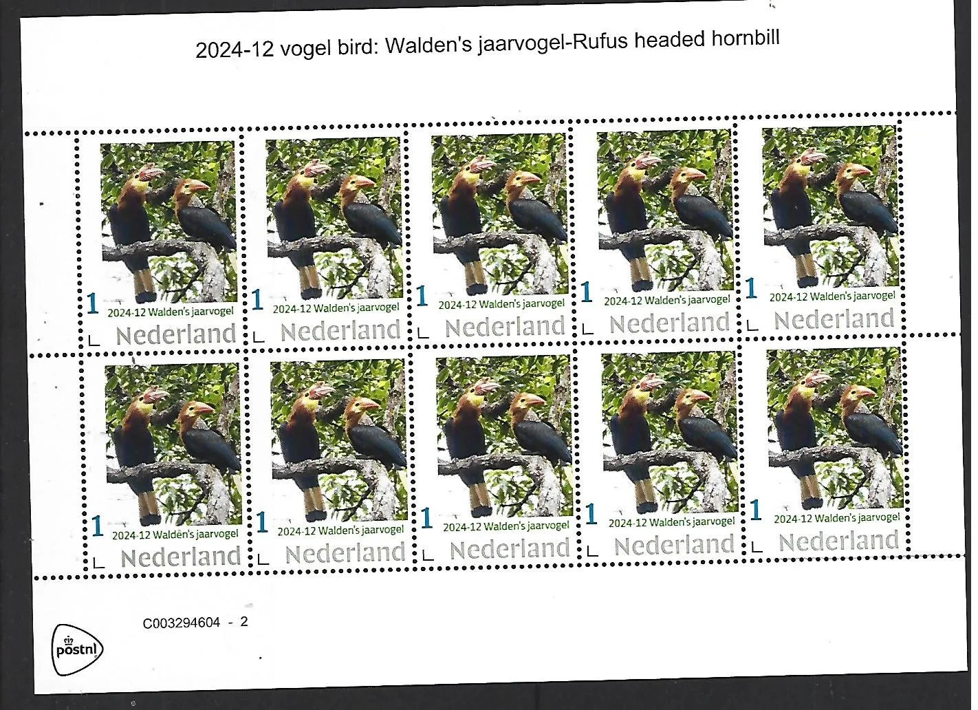 Pays-Bas 2024-12 oiseau : Calao à tête rousse feuillet neuf/mnh