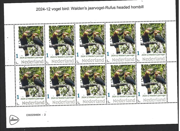 Nederland 2024-12 vogel bird: Rufus headed hornbill sheetlet postfris/mnh
