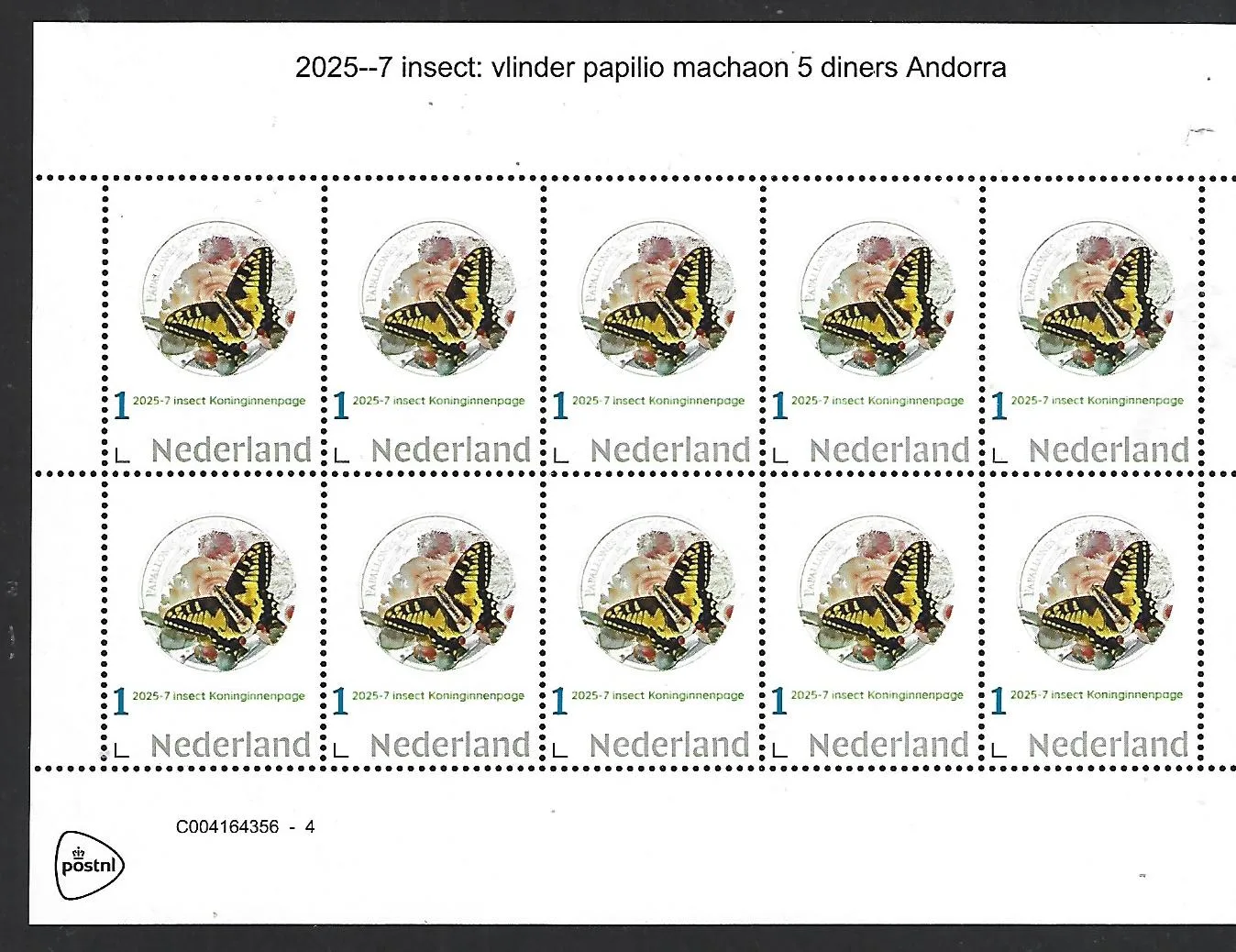 Netherlands 2025-7 Insect Coin: Butterfly Queen Page Sheetlet MNH