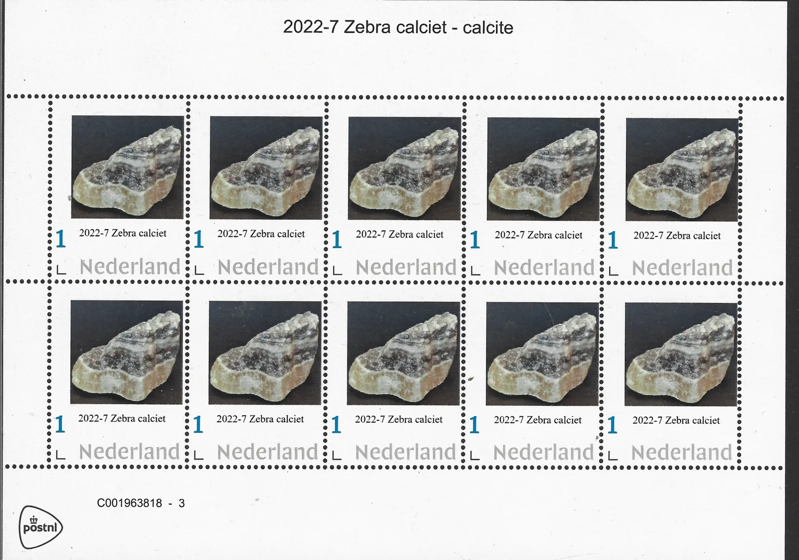 Pays-Bas 2022-7 Minéraux et pierres précieuses Calcite Zèbre - calcite feuille neuf/mnh