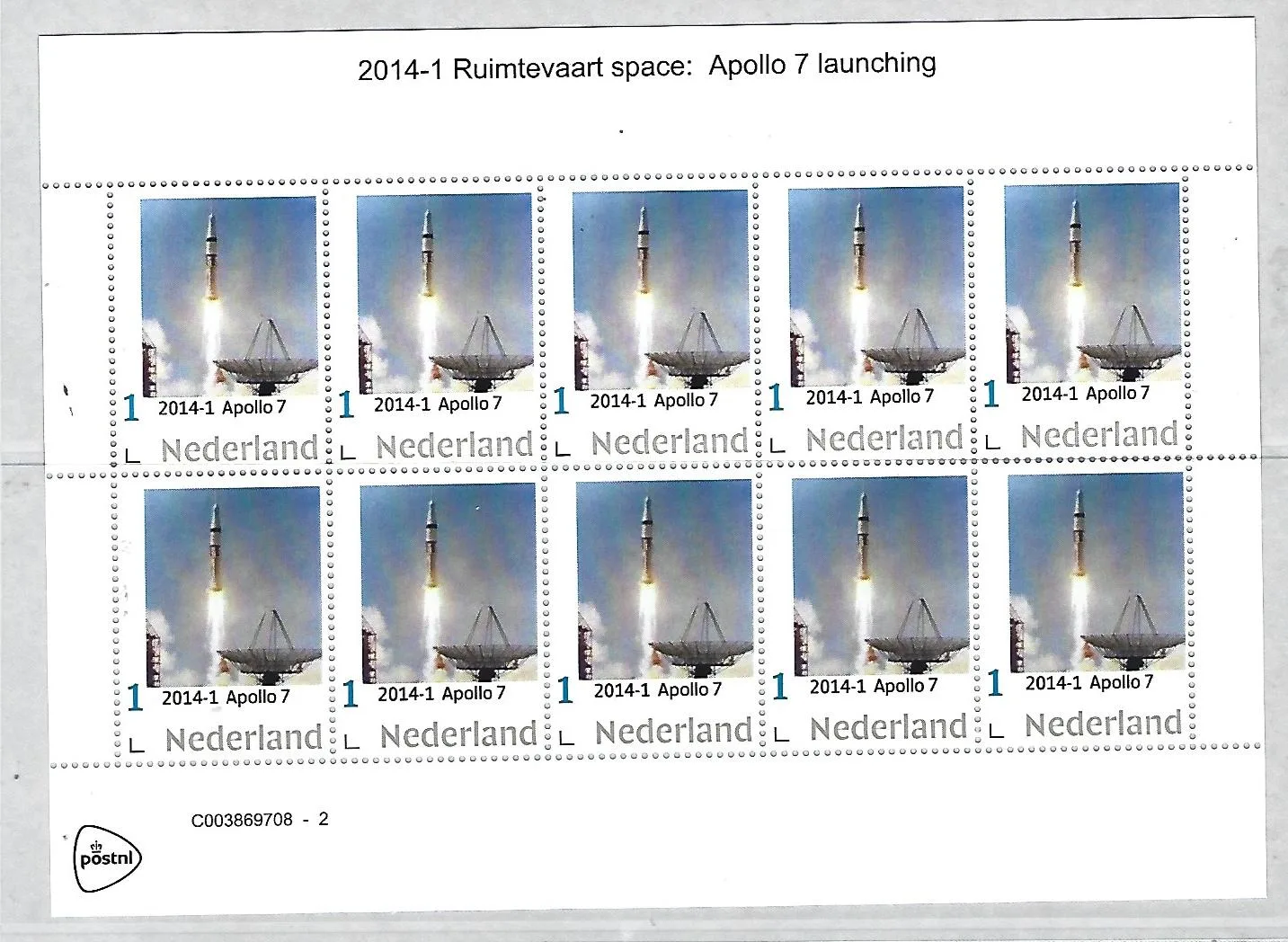 Niederlande 2014-1 Raumfahrt Space: Apollo 7 Kleinbogen postfris/mnh