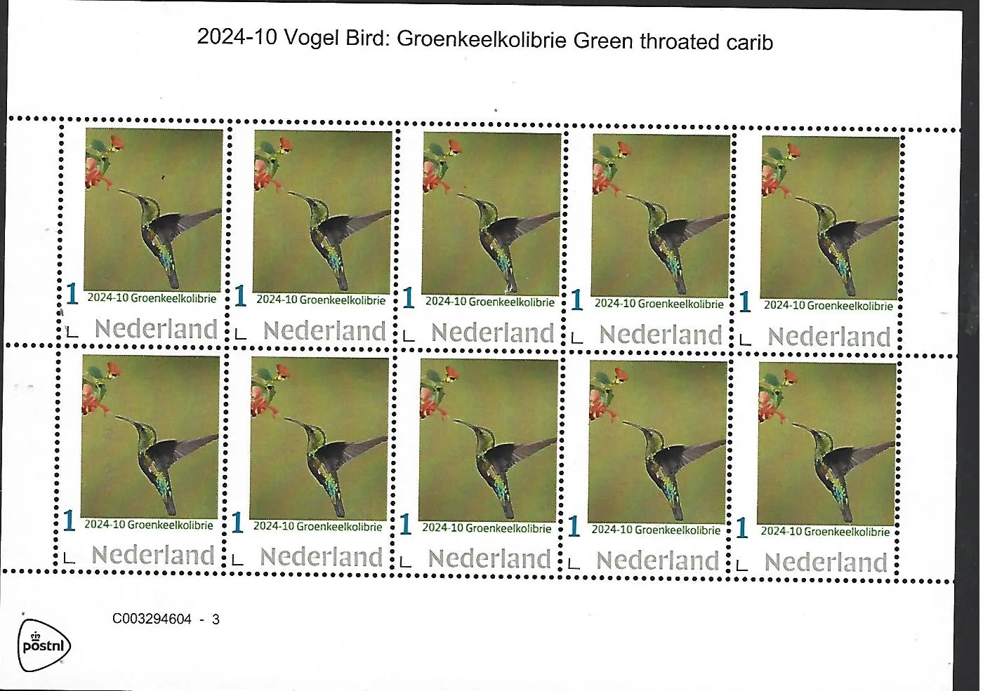 Pays-Bas 2024-10 oiseau hummingbird à gorge verte postfris/mnh