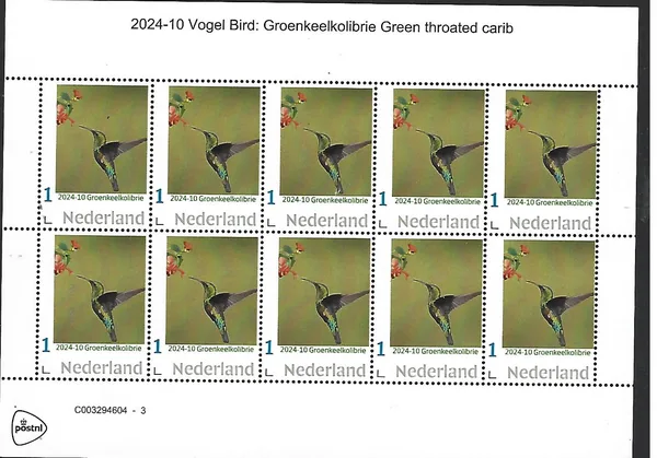 Nederland 2024-10 vogel bird: Groenkeelkolibrie Green throated Hummingbird sheetlet postfris/mnh