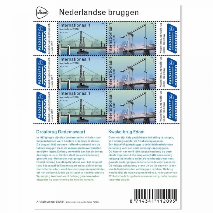 Netherlands V3630-3631 Europa bridges 2018 sheetlet MNH