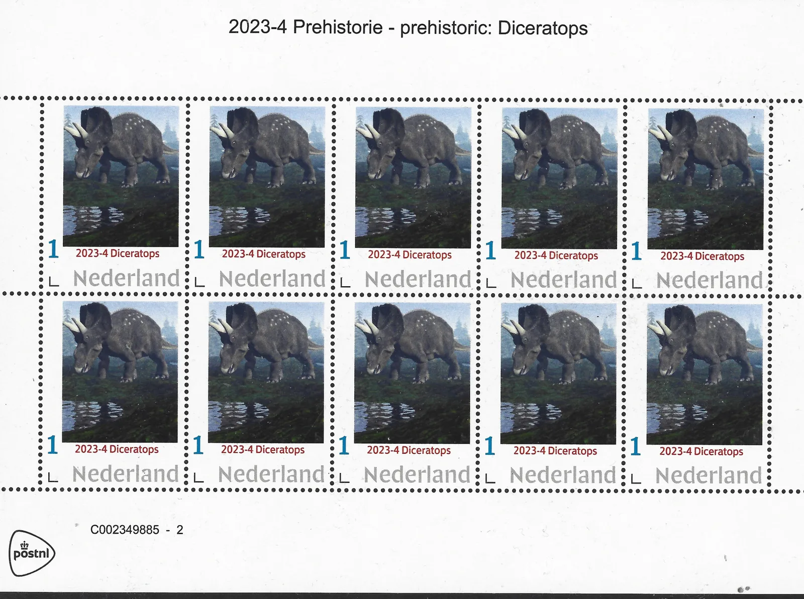 Niederlande 2023-4 Prähistorie - prehistoric: Diceratops Bogen postfrisch/mnh