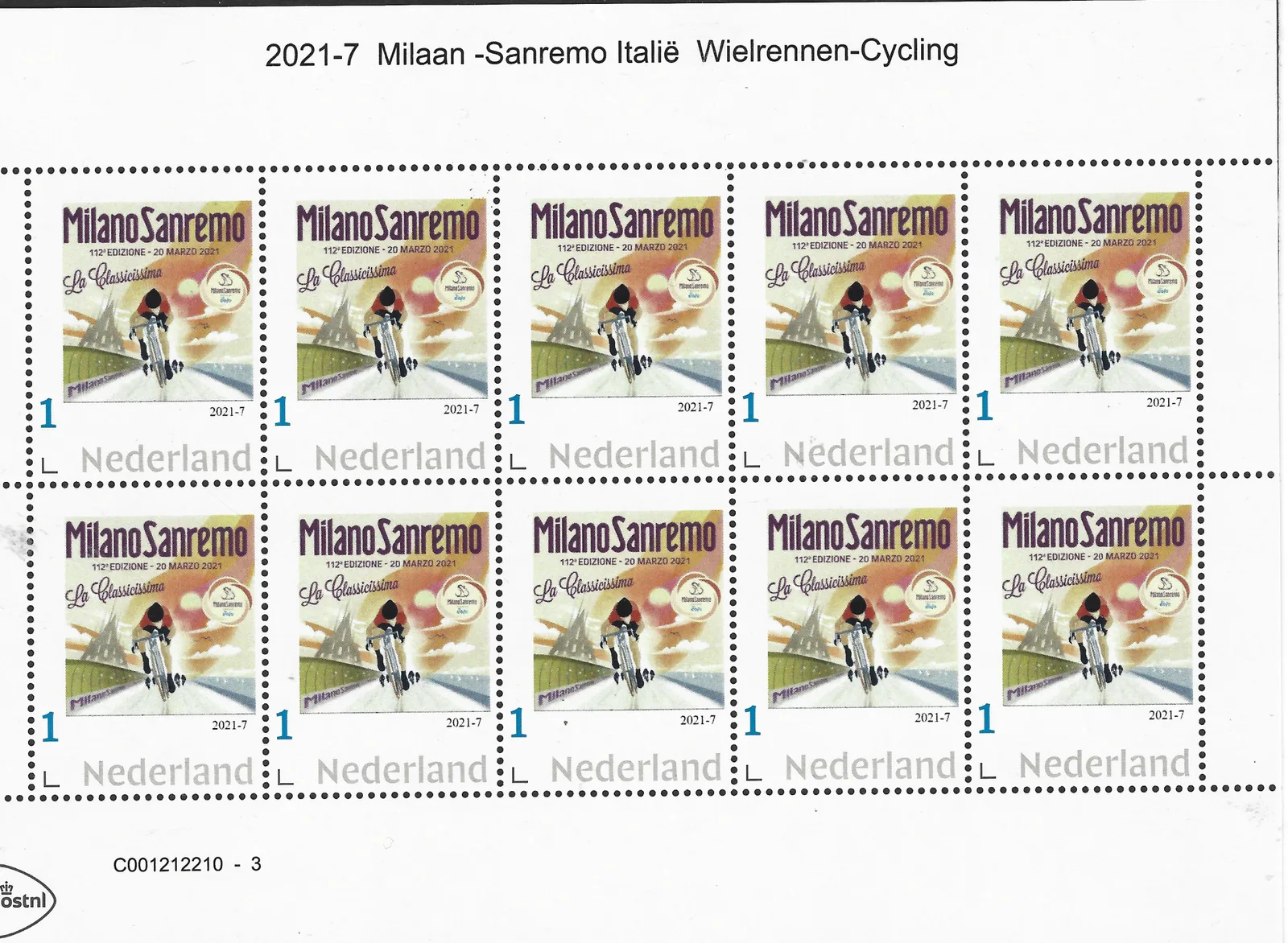 Pays-Bas 2021-7 Milan - Sanremo Cyclisme vel-feuillet neuf/mnh