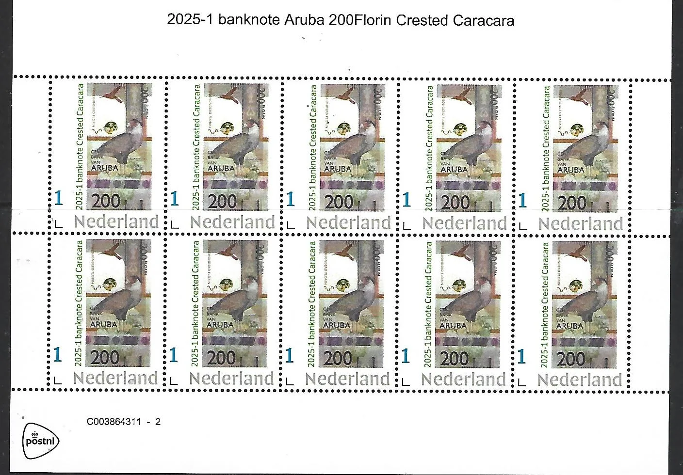 Netherlands 2025-1 Aruba 100fl Crested Caracara banknote stamp MNH