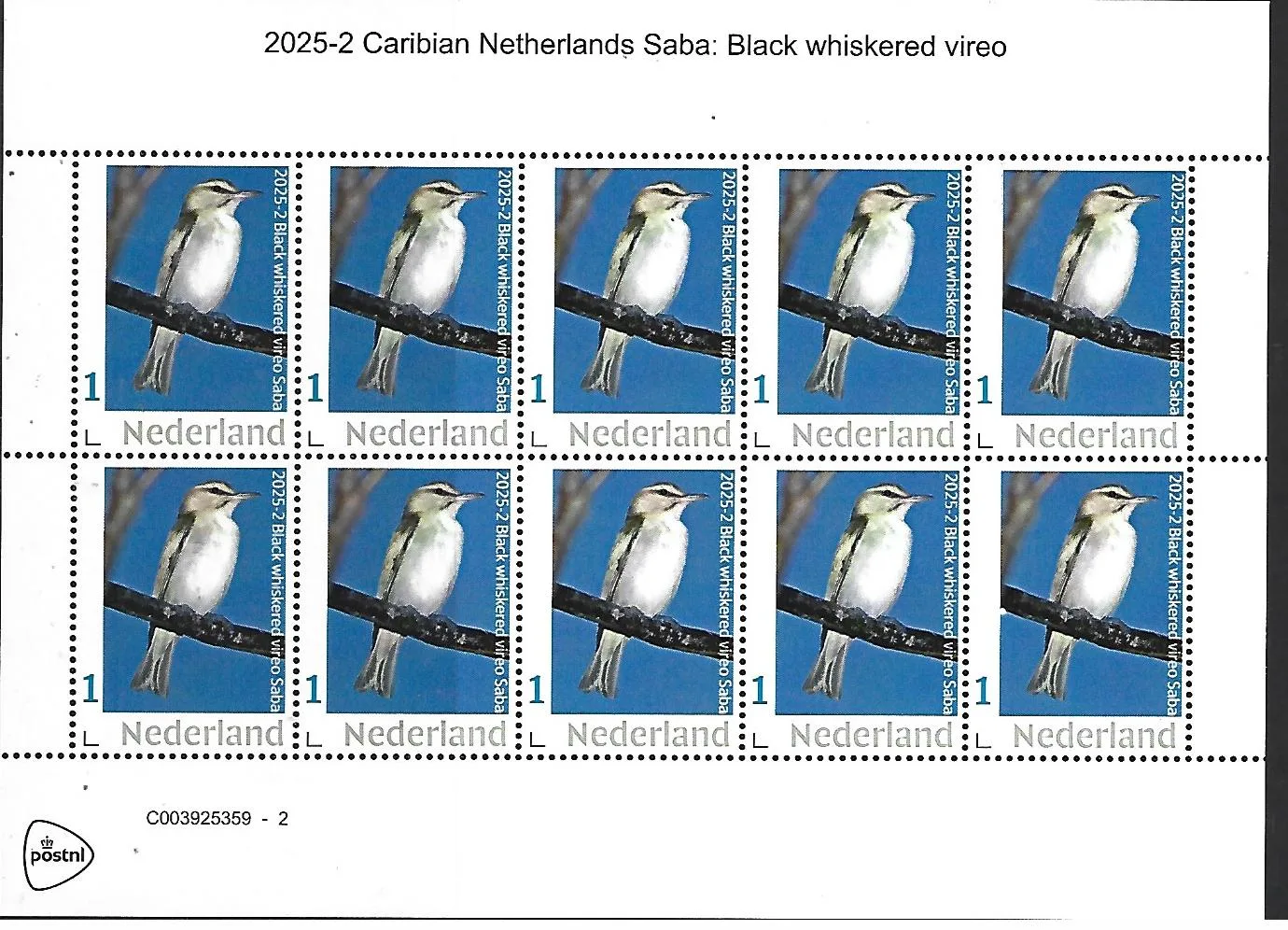 Nederland 2025-2 Car.Nederland Birds Black whiskered vireo sheet postfris/mnh