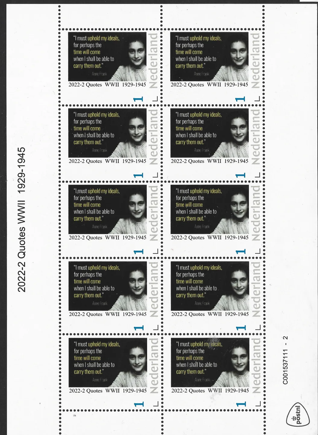 Niederlande 2022-2 Anne Frank 1929-1945 Zitat Selbstklebebogen postfrisch/mnh