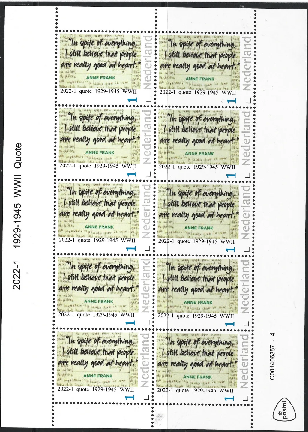 Niederlande 2022-1 Anne Frank 1929-1945 WWII Zitat Block postfrisch/mnh