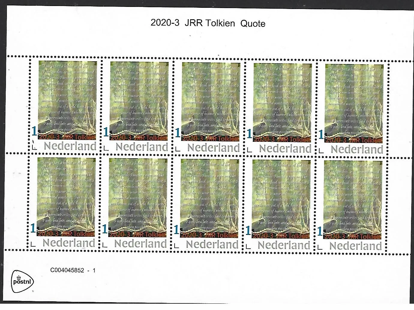 Pays-Bas 2020-3 JRR Tolkien : Feuillet de citations neuf/mnh