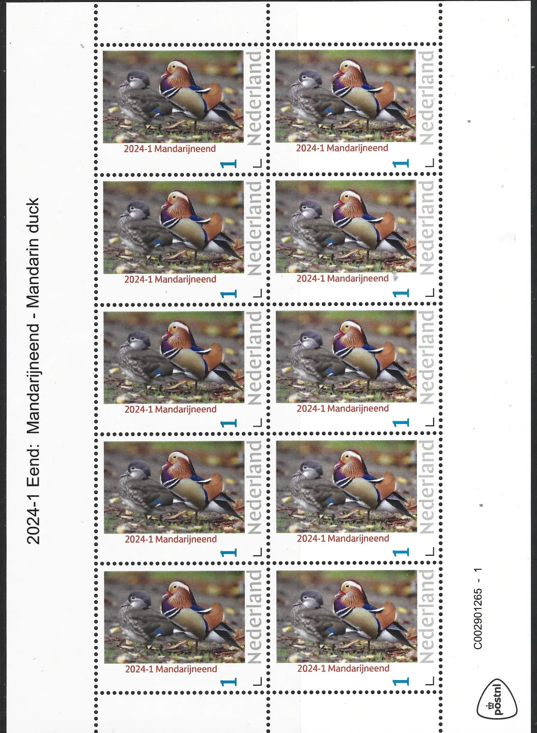 Pays-Bas 2024-1 Canard Duck: Canard mandarin Mandarin duck feuillet neuf/mnh