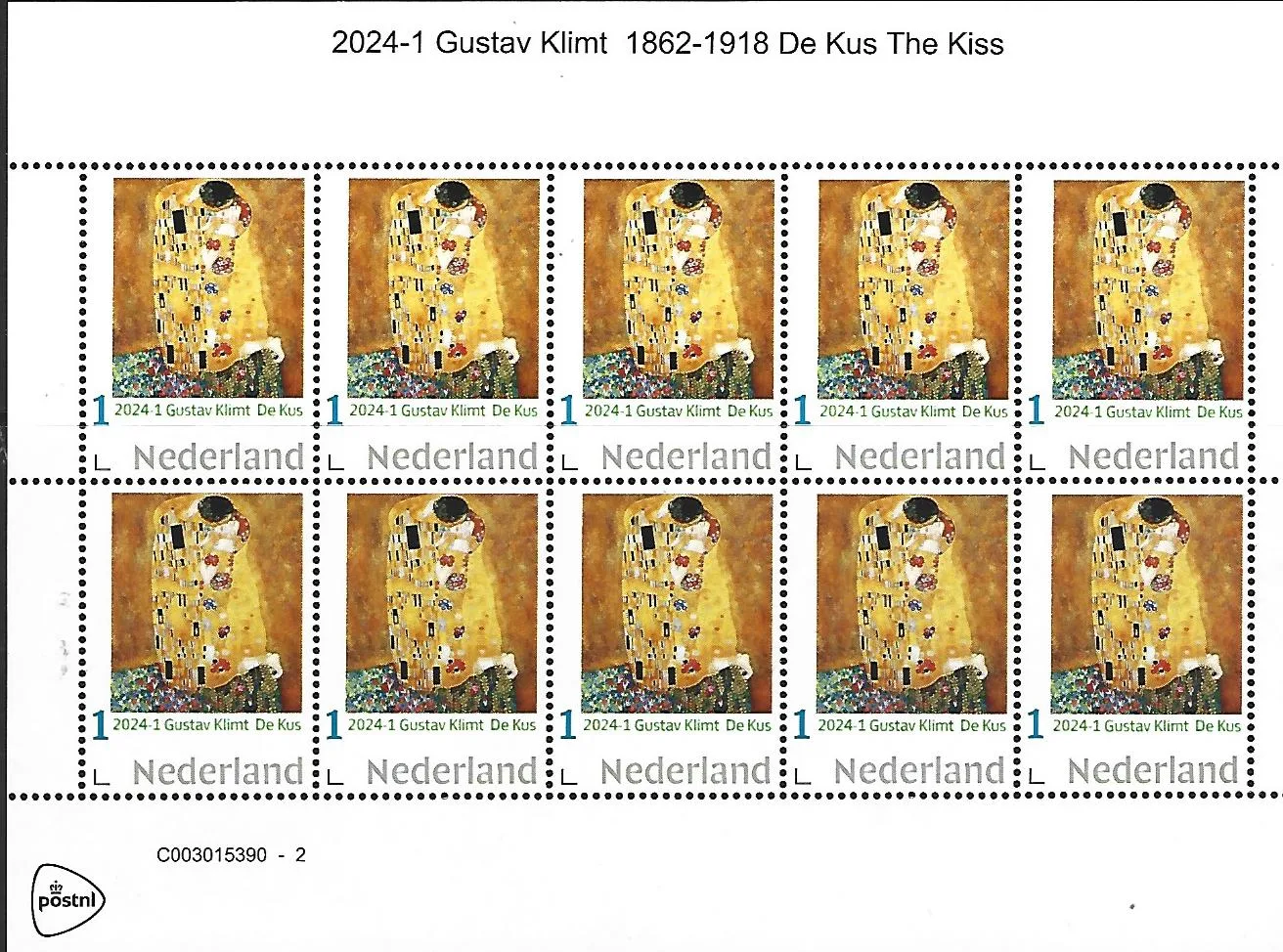 Pays-Bas 2024-1 Gustav Klimt: le Baiser The Kiss feuillet neuf/mnh