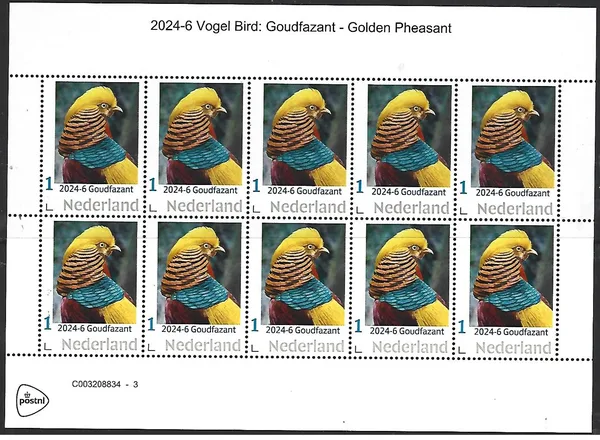 Netherlands 2024-6 Birds: Golden Pheasant sheetlet MNH
