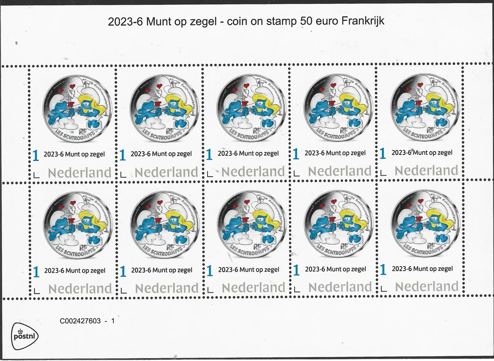 Pays-Bas 2023-6 Monnaie sur timbre Schtroumpfs feuille postfris/mnh