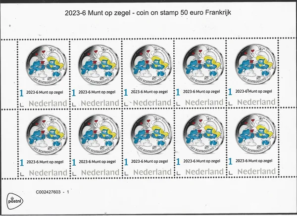 Nederland 2023-6 Munt op zegel Smurfen sheetlet postfris/mnh