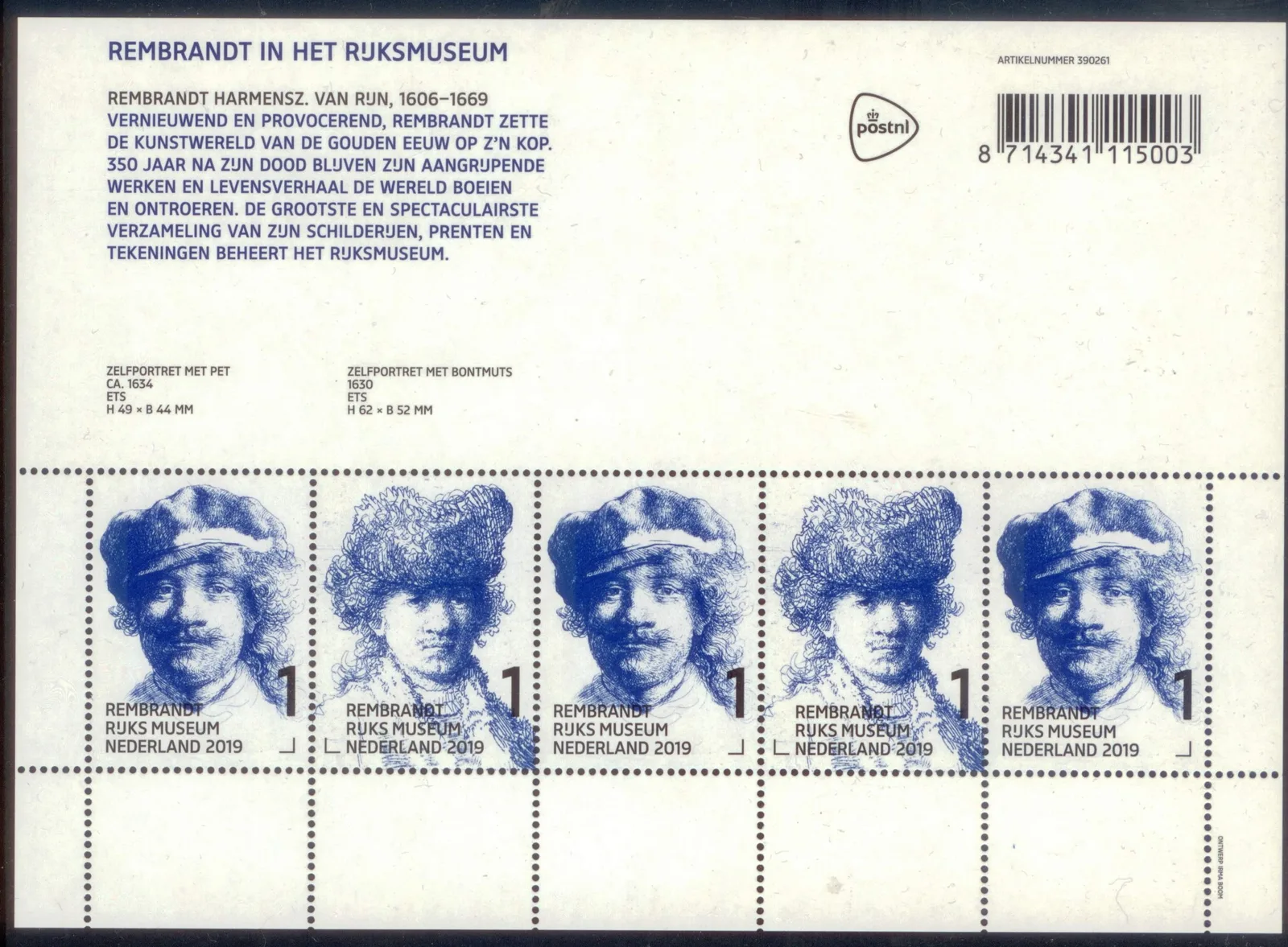 Netherlands V3723-3724 Rembrandt in the Rijksmuseum 2019 sheet MNH