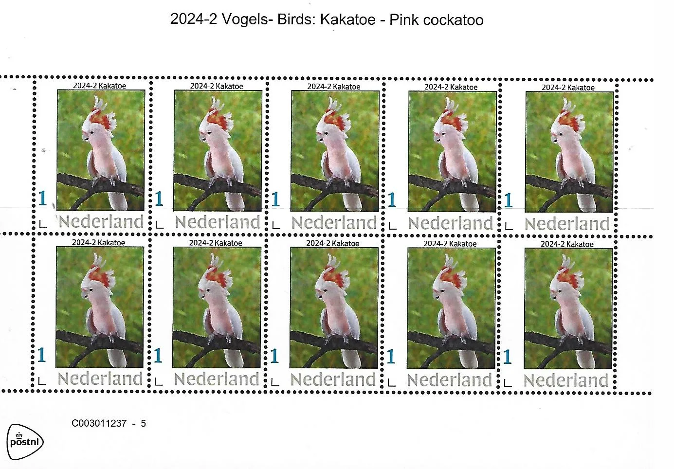 Niederlande 2024-2 Vogel: Kakadu Pink Cockatoo Blockpackung postfrisch/mnh