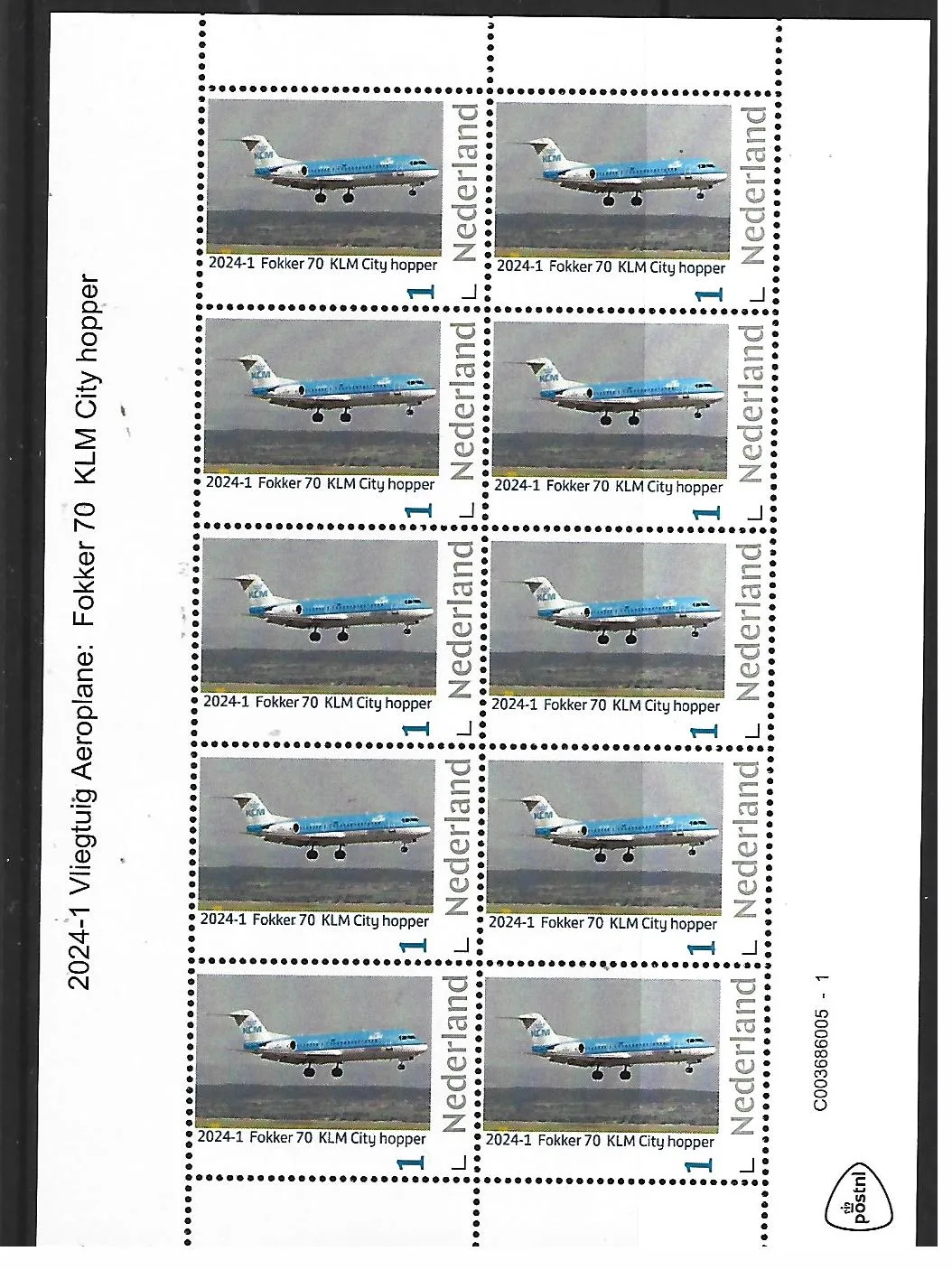 Pays-Bas 2024-1a Avion Aéroplane : Fokker 70 feuillet city hopper neuf/mnh