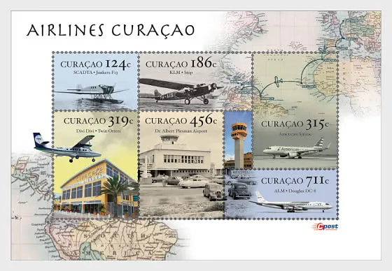 Curacao 2019 airlines vliegtuigen airplanes map blok-m/s postfris/mnh