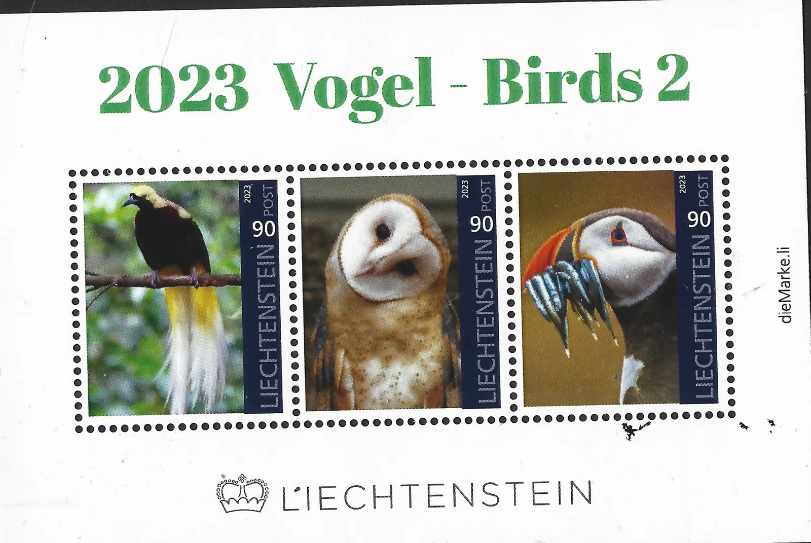 Liechtenstein 2023 Oiseaux (paradisier, hibou, macareux) m/s postfris/mnh