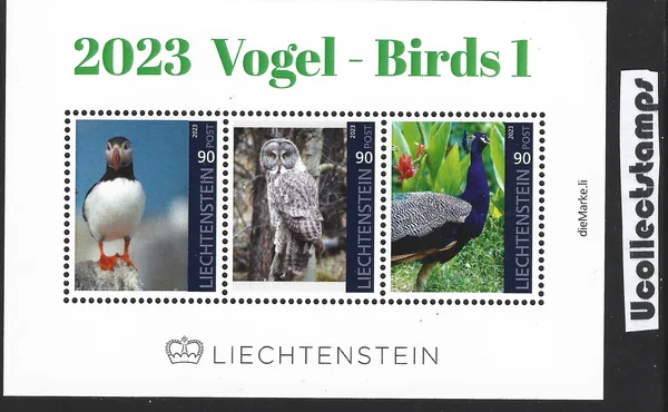 Liechtenstein 2023 Birds 1 (puffin, owl, peacock) m/s MNH